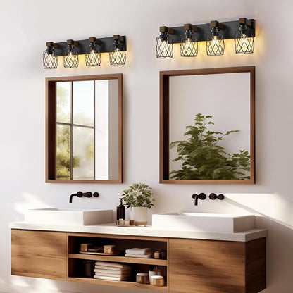 Farmhouse 4-Light Wood Bathroom Vanity Light, Black Metal Cage Shade | Mounted Over Mirror, Industrial Rustic Style, Ideal for Bathroom, Bedroom, Hallway & Living Room, Easy To Install