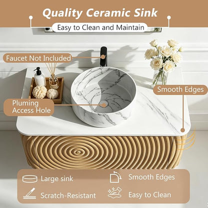 60" Floating Bathroom Vanity with Sink, Mid-Century Wall Mounted Bathroom Vanity Cabinet with Wood Waved Decor,Marble Ceramic Basin and Sintered Stone Top, Soft Close Drawer, 2 Side Open Cube