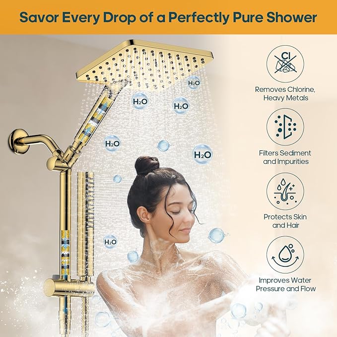 Filtered Shower Head with Handheld Spray Combo High Pressure Rain Shower Head Dual Shower Head with Filters - Removes Chlorine Height Adjustable & Built-in Power Wash (Gold)