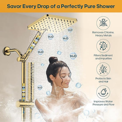Filtered Shower Head with Handheld Spray Combo High Pressure Rain Shower Head Dual Shower Head with Filters - Removes Chlorine Height Adjustable & Built-in Power Wash (Gold)