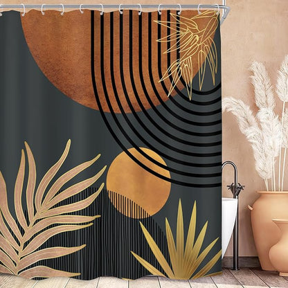 Mid Century Brown Black Boho Abstract Modern Bathroom Shower Curtain Set | 72Wx78H Plant Botanical design, waterproof HD print with fast-drying fabric and 12 hooks.