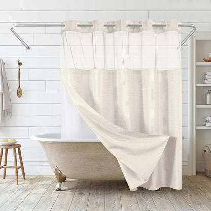 Americanflat 72x75 Hookless Waffle Pattern Shower Curtain - Water-Resistant Long Shower Curtain with Sheer Panel, Snap-in Liner, and Durable Grommets - 100% Polyester - Ivory