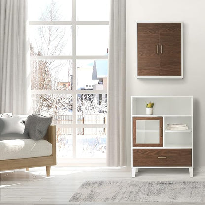 Teamson Home Tyler Wooden Storage Floor Cabinet, White and Walnut | Freestanding cabinet, Adjustable shelves