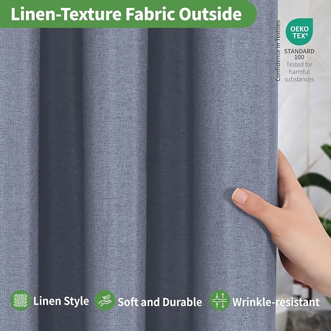 Extra Long No Hooks & No Liner Needed Fabric Shower Curtain,71x86,Blue Grey | Linen Texture,100% Waterproof TPU Laminated Layer,Bottom Magnets,Machine Washable,Hotel Style Bathroom Curtain For Shower,Tub
