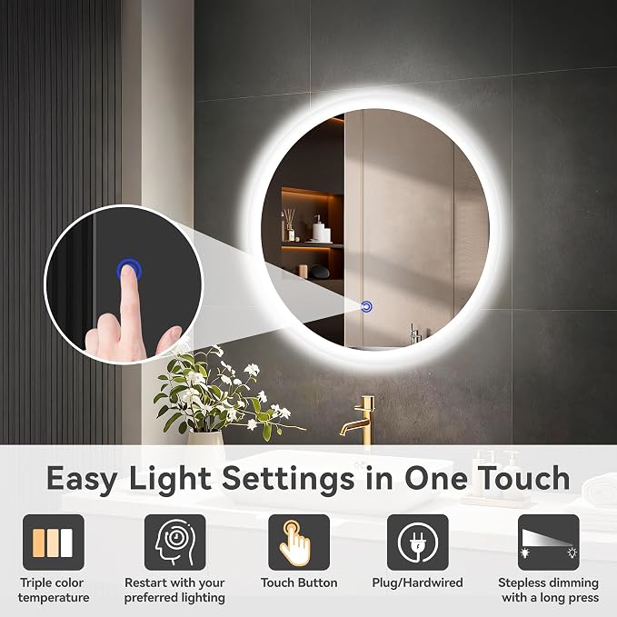 24“ x 24” LED Bathroom Smart Mirror, Round Mirror with Three Color Light Temperature Brightness Settings,Backlit + Front Lit,Wall-Mounted Vanity Mirror with Memory Function