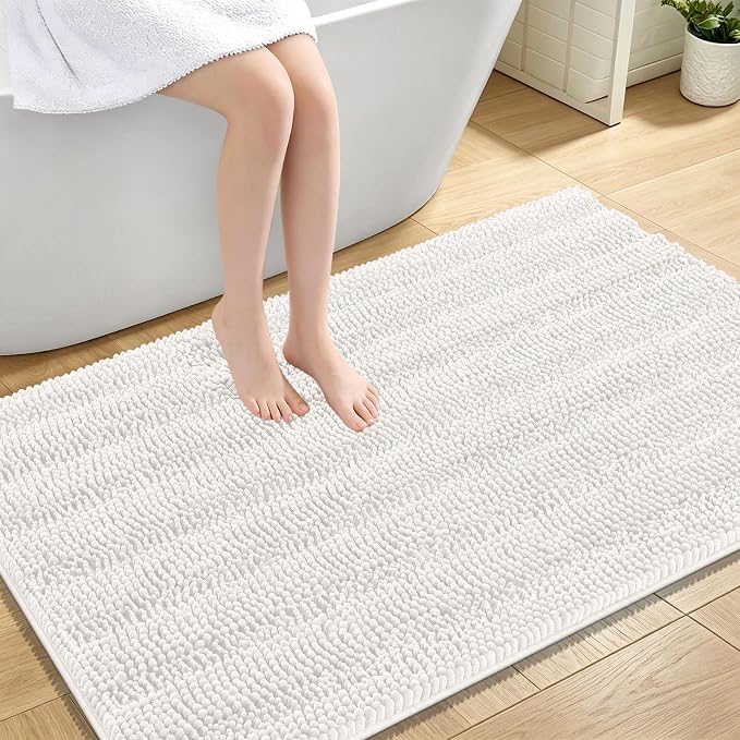 OLANLY Thick Large Bathroom Rugs 47x32, Soft Chenille Bath Rugs, Ivory | Absorbent Striped, Rubber Backing, Machine Wash Dry, Bath Mats for Bathroom Floor, Tub and Shower, Home Decor Accessories
