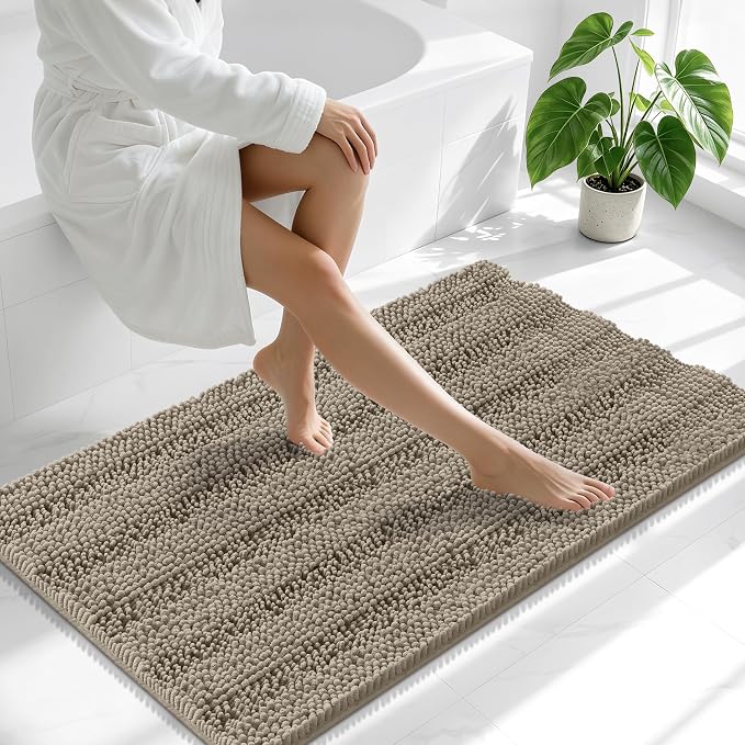 Smiry Thick Chenille Bathroom Runner Rugs 44x24, Soft Bath Mat, Warm Taupe | Quick‑Dry & Machine Washable, Non‑Slip Bath Carpet, Striped Bath Rugs for Tub & Shower, Modern Home Decor Accessories