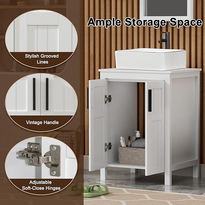 UEV White 24" Bathroom Vanity with Sink Combo,Modern Freestanding Sink Cabinet,Stylish Bathroom Vanity Cabinet,Grooved Double Doors,Metal Handles,with Modern Artistic Ceramic Vessel Sink Combo(031WH)