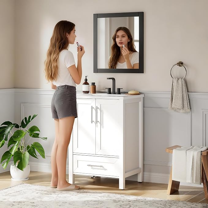 IDEALHOUSE 24 Freestanding Bathroom Vanity with Sink,Bathroom Cabinet | White Bathroom Vanity With Sink & Adjustable Foot, Storage Cabinet With Ceramic Basin, Soft-Close Door & Drawer, Mdf