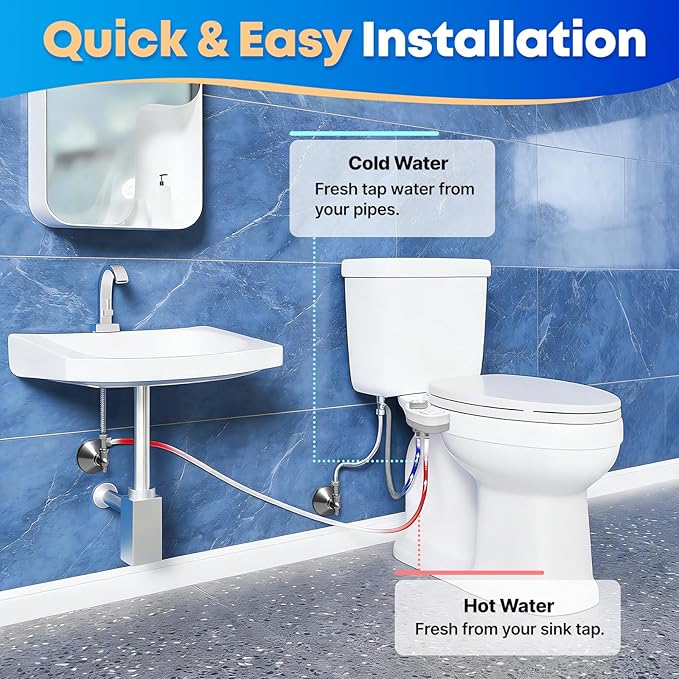 Bidet Attachment for Toilet,Hot and Cold Water Ultra-Thin Non-Electric Bidet, Dual Self-Cleaning Nozzles, Adjustable Water Pressure, Knob Control for Water Flow & On/Off, Fits Most Standard Toilets