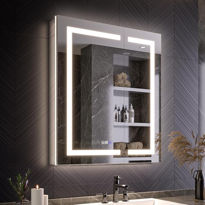Smart LED Medicine Cabinet with Mirror, 30W×36H Inch Bathroom Storage Medicine Cabinet, 3 Color Stepless Dimming & Anti-Fog, 5X Magnifier, Night Light, 2 Doors, DTC Soft-Close Hinges