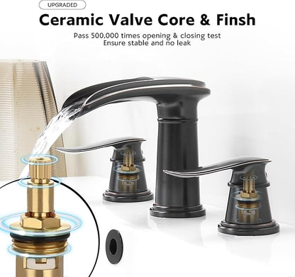 BWE Waterfall Bathroom Faucet, Oil Rubbed Bronze 8 Inch Widespread Bathroom Sink Faucet Two-Handle Waterfall with Pop-up Drain, for Vanity, Lavatory Sink