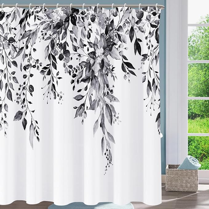 Shower Curtain Black and White Shower Curtains for Bathroom,Watercolor Leaf Shower Curtain Sets Waterproof Plant Eucalyptus Shower Curtain Leaves Bathroom Curtains 72x72 in with Hooks