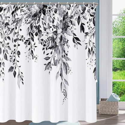 Shower Curtain Black and White Shower Curtains for Bathroom,Watercolor Leaf Shower Curtain Sets Waterproof Plant Eucalyptus Shower Curtain Leaves Bathroom Curtains 72x72 in with Hooks