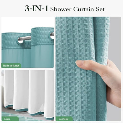 Teal Hook Free Waffle Shower Curtain & Snap-in Fabric Liner,72x75 | Less Time to install, 3 in 1 Fabric Shower Curtain and Liner Set with Magnets, Mesh Top Window, Shower Curtains for Bathroom