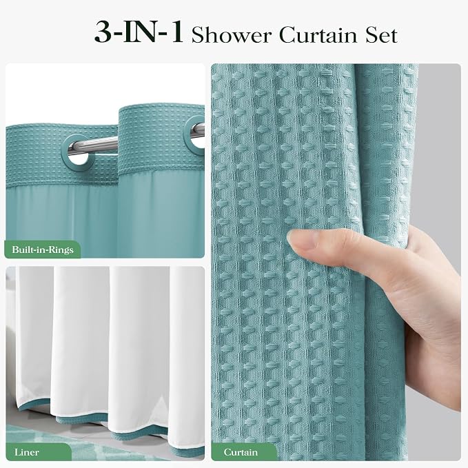 Teal Hook Free Waffle Shower Curtain & Snap-in Fabric Liner,72x99 | Less Time to install, 3 in 1 Fabric Shower Curtain and Liner Set with Magnets, Extra Long, Shower Curtains for Bathroom