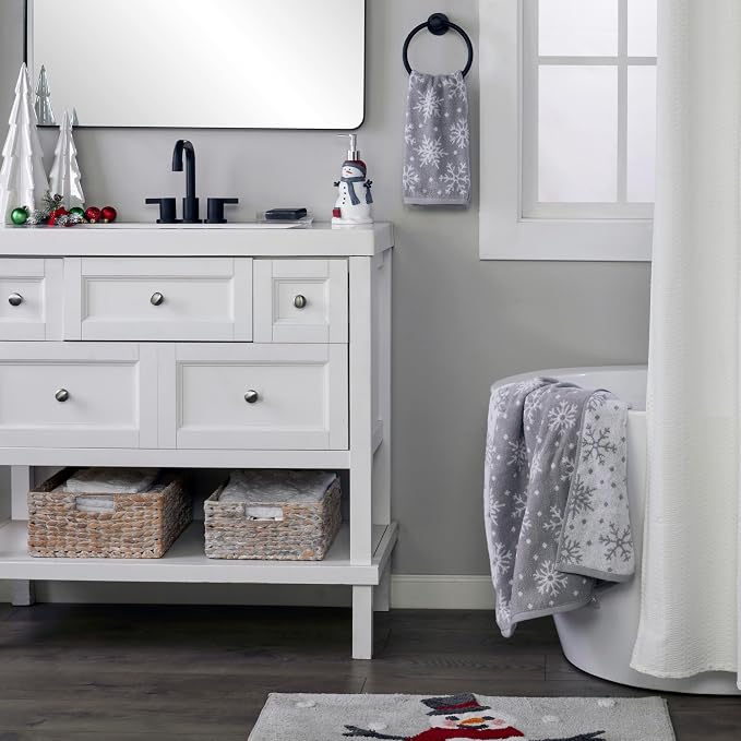 SKL Home Winter/Christmas Scattered Snowflakes Hand Towel Set-2pc, Gray | 100% Cotton. 500 GSM. Soft & absorbent. Reversible jacquard pattern. Great for use in the bathroom, kitchen or bar & gifting.
