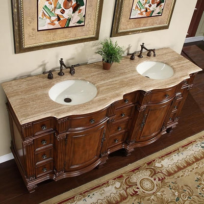 HYP-0722-T-UIC-72 Travertine Stone Top Double Sink Bathroom Vanity with Furniture Bath Cabinet, 72", Medium Wood