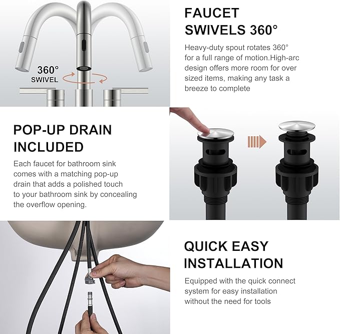 KENES Brushed Nickel Pull Down Bathroom Faucet, 4 Inch 2 Handle Centerset Bathroom Faucet 3 Hole with Pull Out Sprayer, Bathroom Sink Faucet with Pop Up Drain & Supply Lines LJ-9069
