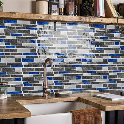 Alwayspon 10 Sheets 12" x12inch Blue Marble Effect Vinyl Tiles, Backsplash, Self-Adhesive Peel and Stick Wall Tile Stickers, Stick on Subway Tiles for Kitchen Bathroom Wall Decor