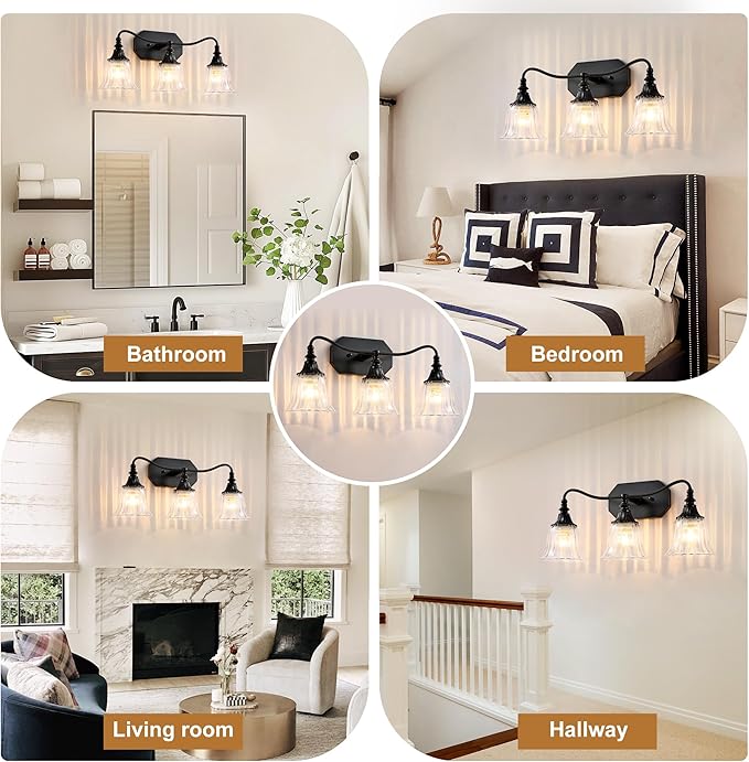 Bathroom Vanity Black Vintage Light Fixture, 3 Lights Bathroom Lighting Matte Antique Brass Finish with Crystal Glass Shade, Black Vintage Vanity Light for Bathrooms