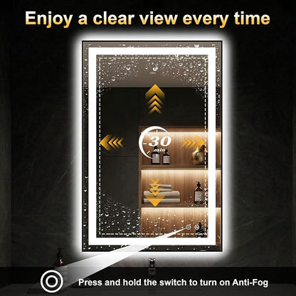 LED Bathroom Mirror with Light, 24x36 Vanity Mirror for Wall with Frame | Anti-Fog, Dimmable 3 Colors, Memory Function, Backlit and Front Lit, Shatter-Proof Glass, Plug-in/Hardwired