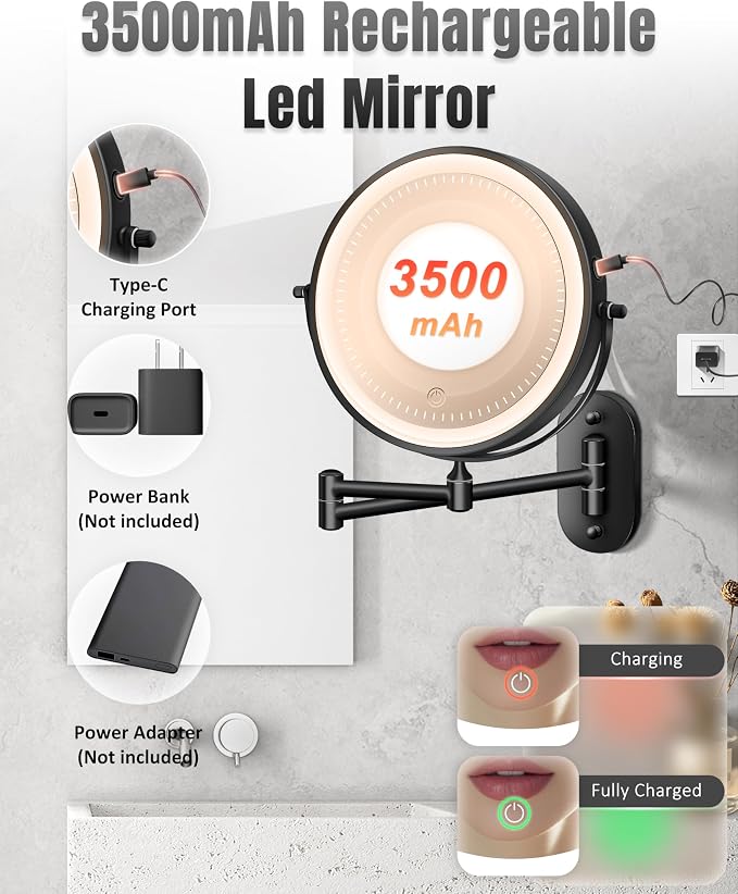 30X/1X 8 Inch Wall Mounted Magnifying Makeup Mirror with Light for Bathroom | 3500mAh Double Sided Rechargeable LED Lighted Vanity Mirror with Magnification 3 Color Light up Extended Arm 360 Rotation