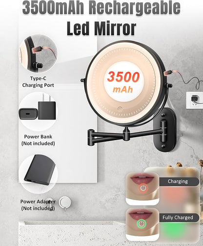 30X/1X 8 Inch Wall Mounted Magnifying Makeup Mirror with Light for Bathroom | 3500mAh Double Sided Rechargeable LED Lighted Vanity Mirror with Magnification 3 Color Light up Extended Arm 360 Rotation