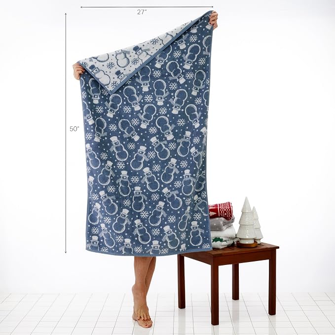 SKL Home Christmas/Winter Top Hat Snowmen Bath Towel, 100% Cotton, Blue | 550 GSM. Soft & absorbent. Reversible jacquard pattern. Great for use in the bathroom, kitchen or bar & gifting.
