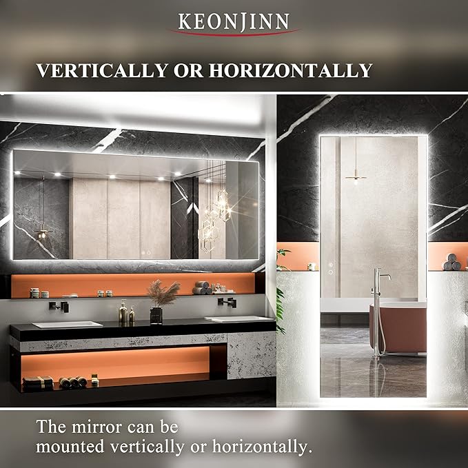 Keonjinn LED Mirror for Bathroom 72 x 30 Inch, Backlit Mirror Bathroom Oversize, Stepless Dimmable Wall Mirrors with Anti-Fog, CRI90+ HD Tempered Glass, Horizontal/Vertical Mounting for Vanity