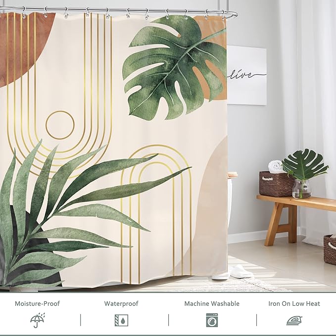 Glawry Boho Plant Shower Curtain 72Wx72L Inches Mid Century Botanical Tropical Abstract Minimalist Bohemian Leaves Bathroom Curtains Set Palm Leaf Green Bath Accessories Art Home Decor Fabric