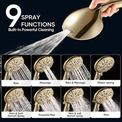Cobbe 9 Spray Modes Handheld Shower Head, Water-Saving, Gold | Power Rinse, 1-Click Pause & Flow Control, 6ft Stainless Steel Hose, Adjustable Brass Bracket
