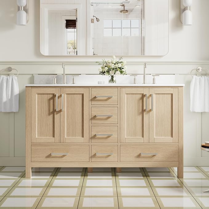 60-Inch Bathroom Vanity with Sink, 4 Soft-Close Doors and 6 Soft-Close Drawers, Bathroom Freestanding Vanity with Cultured Marble Countertop, Oak Vanity with Brushed Nickel Handles