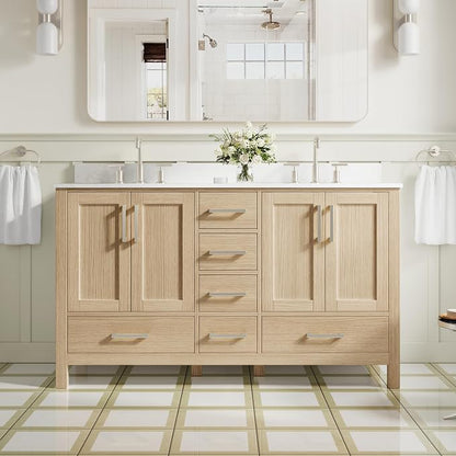 60-Inch Bathroom Vanity with Sink, 4 Soft-Close Doors and 6 Soft-Close Drawers, Bathroom Freestanding Vanity with Cultured Marble Countertop, Oak Vanity with Brushed Nickel Handles