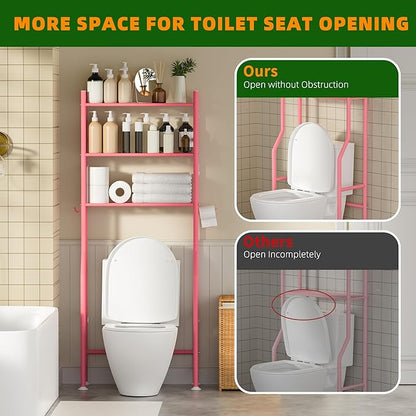 3-Tier Over Toilet Storage with Anti-Tilt Safety System - 150lb Total Capacity Metal Bathroom Shelves Including Paper Holder & 4 Hooks, Space Saving Above Commode Organizer (64" H, Pink)