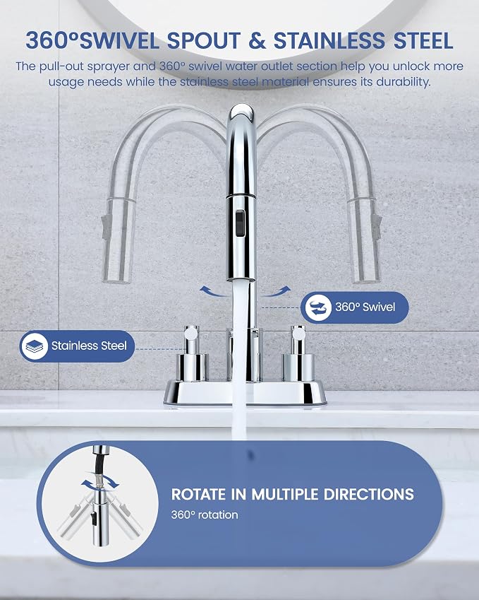 Bathroom Faucet with Pull Out Sprayer, Chrome Bathroom Faucet 3 Holes | Stainless Steel Lead-Free, 4 Inch Centerset Vanity Faucet, 2 Handle, Pop Up Drain, 3 Hole Faucet for RV Laundry Restroom