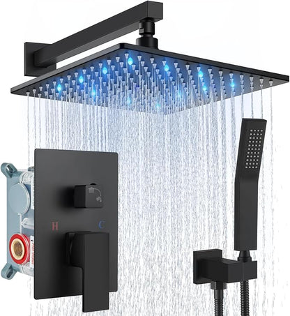 Aolemi Shower Faucet Set with Valve Handheld 12" LED Head Matte Black | Handheld Spray,12 Inch Rain LED Head,Valve and Trim Kit,All Metal,Wall Mount Shower System,Bathroom Mixer