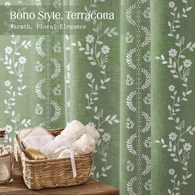 Boho Green Vintage Shower Curtain with Tassels 72 x 72 Inch | Bohemian Floral Linen Fabric Pattern Curtain Curtain For Bathroom