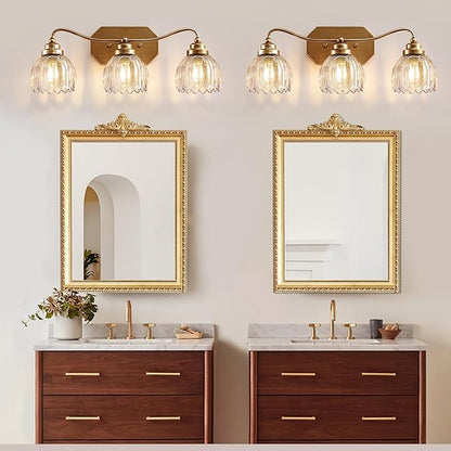 Vintage Bathroom Light Fixtures, Gold Bathroom Vanity Light, Matte Antique Brass Finish with Crystal Glass Shade, Wall Sconces Lighting for Bedroom, Living Room, Hallway (Gold, 3-Light)
