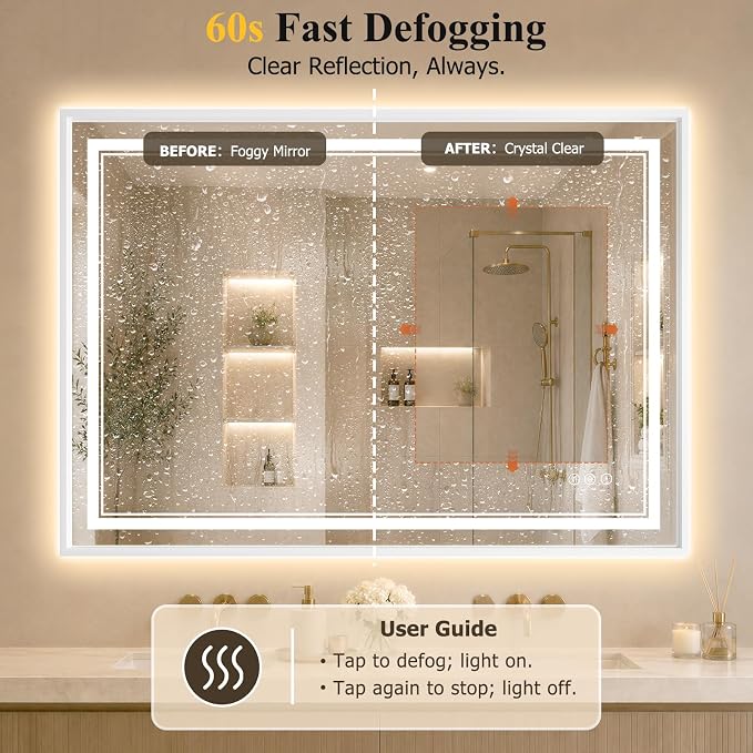 36"x48" LED Bathroom Mirror with Lights, Backlit + Front Lit, Anti-Fog | Lighted Bathroom Mirror with One-Piece Aluminum Alloy Frame, HD Shatterproof Tempered Glass, Dimmable, Memory Function