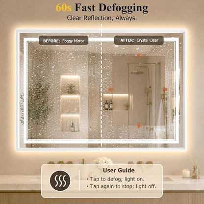 36"x48" LED Bathroom Mirror with Lights, Backlit + Front Lit, Anti-Fog | Lighted Bathroom Mirror with One-Piece Aluminum Alloy Frame, HD Shatterproof Tempered Glass, Dimmable, Memory Function