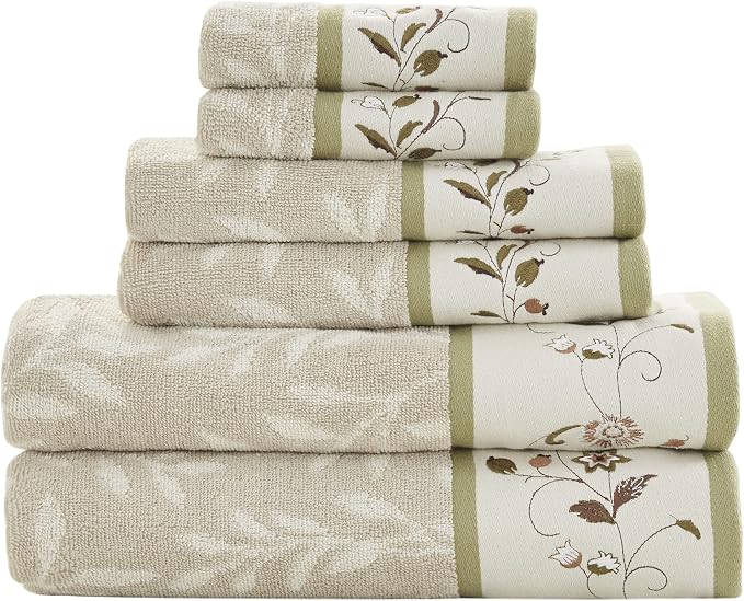 Madison Park Serene 100% Cotton Bath Towel Set Luxurious Floral Decorative Towels for Bathroom Embroidered Cotton Jacquard Design Soft Highly Absorbent for Shower 600 GSM, Multi-Sizes, Green 6 Piece | Luxurious Floral Decorative Towels for Bathroom, Em...
