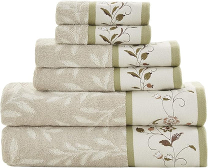 Madison Park Serene 100% Cotton Bath Towel Set Luxurious Floral Decorative Towels for Bathroom Embroidered Cotton Jacquard Design Soft Highly Absorbent for Shower 600 GSM, Multi-Sizes, Green 6 Piece | Luxurious Floral Decorative Towels for Bathroom, Em...