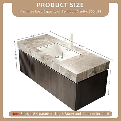 48” Floating Bathroom Vanity with Sink, Wall-Mounted Cabinet with Drawer & Doors, Gray Travertine-Pattern Sintered Stone Top, Undermount Basin, Single Faucet Hole, Soft-Close, Pre-Assembled, Dark Oak
