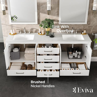 Eviva Aberdeen 78 in. White Double Sink Bath Vanity with Carrara Quartz Top and Undermount Porcelain Sinks