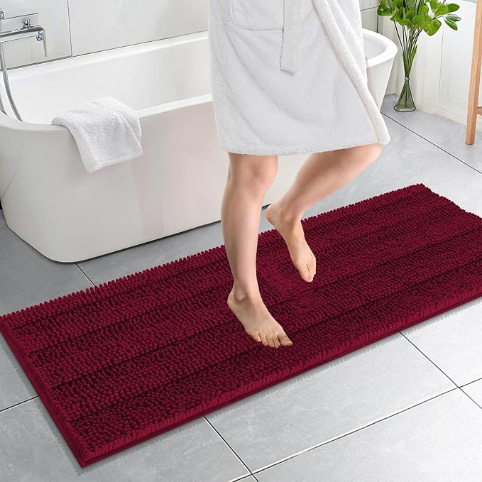OLANLY Thick Bathroom Runner Rugs 59x20, Soft Chenille Bath Rugs, Burgundy | Absorbent Striped, Rubber Backing, Machine Wash, Long Bath Mats for Bathroom Floor, Tub and Shower, Home Decor Accessories