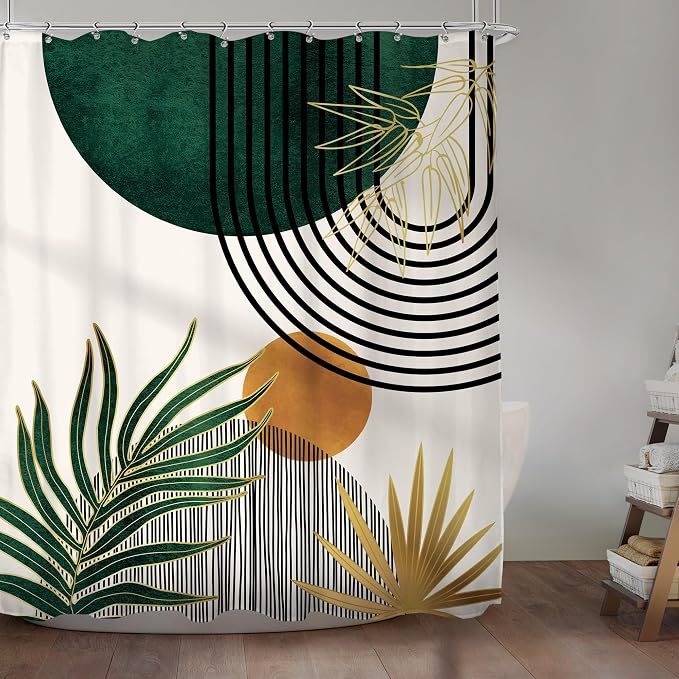 KOMLLEX Mid Century Green Boho Abstract Modern Bathroom Shower Curtain Set | 72Wx84L Plant Botanical design, waterproof HD print with fast-drying fabric and 12 hooks.