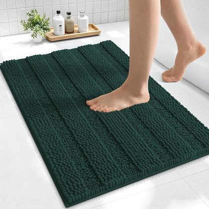 Smiry Thick Small Chenille Bathroom Rugs 24x16, Bath Mat, Blackish Green | Quick‑Dry & Machine Washable, Non‑Slip Bath Carpet, Soft Striped Bath Rugs for Tub & Shower, Modern Home Decor Accessories