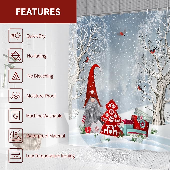Winter Christmas Shower Curtain for Bathroom 72W*72H Inch Cute Gnome Cardinals Snowflake Snowy Bird Forest Holiday Decorations Bathtub Decor Waterproof Polyester Fabric Set