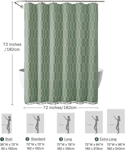 OVZME Sage Green Shower Curtain for Bathroom, Puff Printed Textured Shower Curtain with Tassels, Rustic Geometry Heavy Duty Vintage Country Bathroom Curtain, Water Resistant Fabric, 72Wx72L Inches